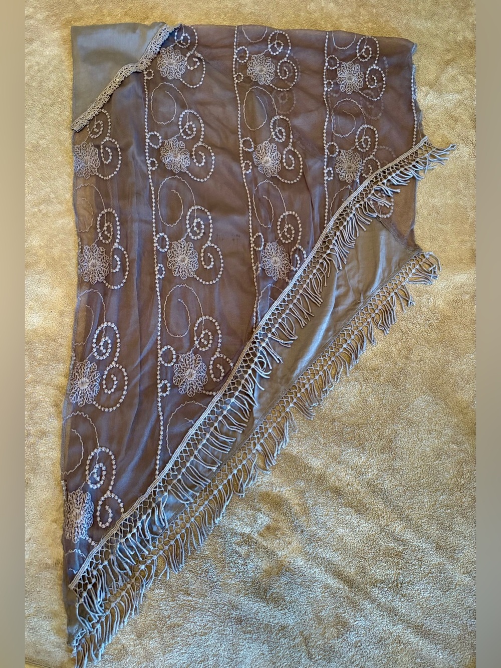 Sheer triangular shawl with Elegant embroidery and fringe taupe/light purple hue